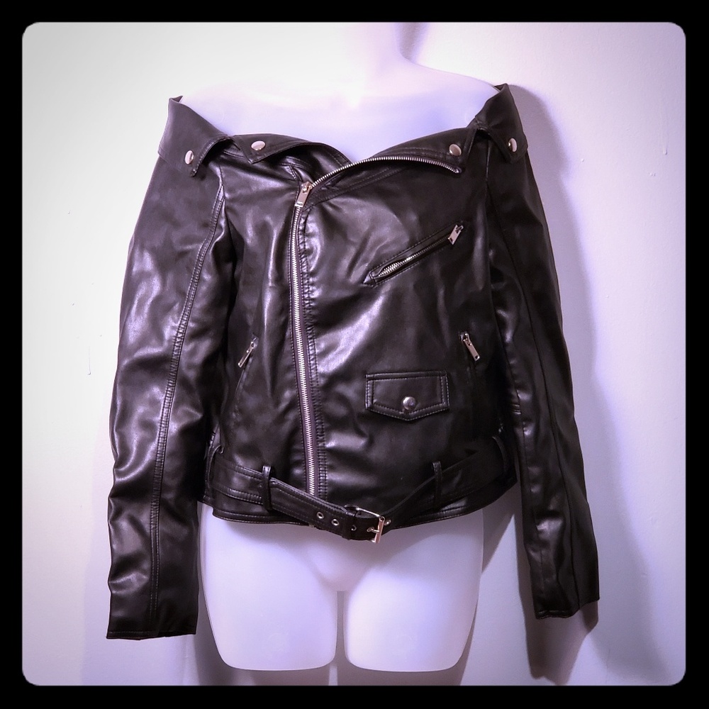Off the shoulder faux leather moto jacket